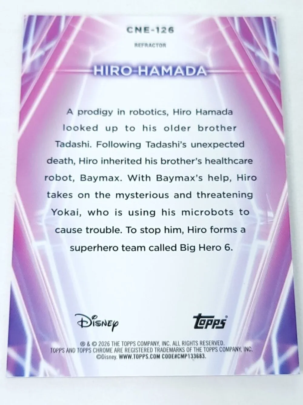 Hiro Hamada Topps 2026 Disney Neon Holo Chrome Refractor Limited 037/199 CNE